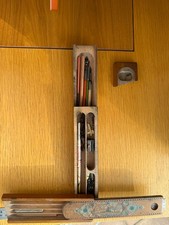 Vintage Wooden Swivel Pencil Case / Box Slide Out Lid with Contents 23cm x 5 cm