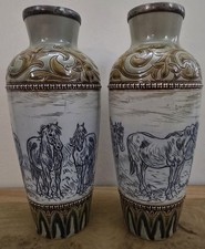 Doulton Lambeth  Hannah Barlow Pair of Silver Rimmed Vases Dated 1886