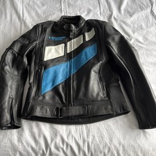 Men’s Kawasaki Black, Blue & White Leather Motorbike Jacket Size M 44-54