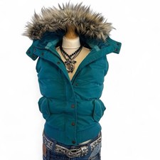 Y2K Vintage cropped puffer gilet vest faux fur removable hoodie Size UK 8