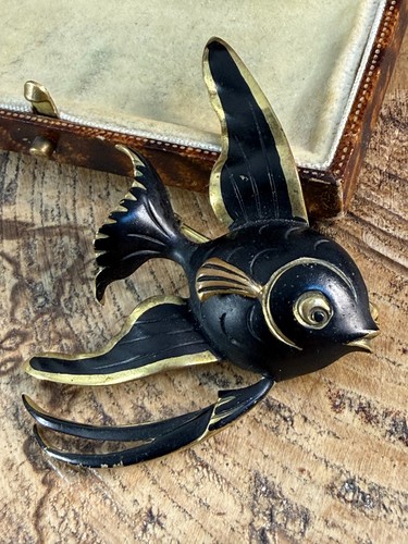 Vintage black fish brooch gold - black,