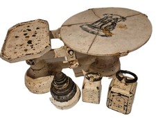 ​Antique Cast Iron Balance Kitchen Scales Weights Cracked  Porcelain Pan