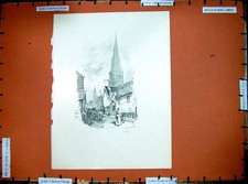 Original Old Antique Print 1891 Street Scene Town Hall Church 19th