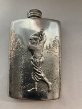 Vintage Pewter Golfer Hip Flask Made Sheffield SlightlyTarnished andSmall Dints