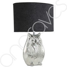 Silver Owl Table Lamp With Black Snakeskin Textured Shade Light Lighting Bedside