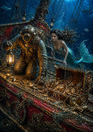 Mermaid with diver wall - mermaid,