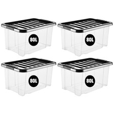 eMKay® 4 Plastic 80 Litre Storage Boxes Compact Stackable Home office BLACK Lid
