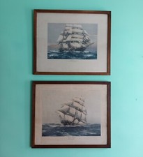 Pair Edwardian 1920s Sailing Ship Prints Period Wooden Frames 22.75" Cutty Sark