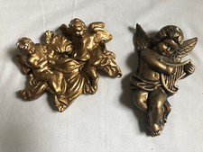 Set of 2 Large 8in Gold Cherub Angels Ornament Figurine Sculptures WALLHANGING