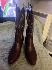 Ladies Dark Brown Embroidered Cowboy Boots Pull On Block Heel Size 7.5