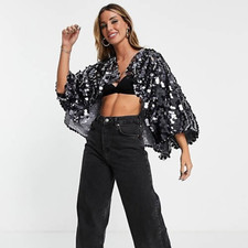 ASOS DESIGN Sparkly SILVER SEQUIN CAPE Short SEQUINNED KIMONO One Size BNWOT