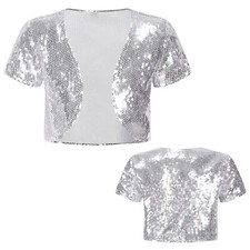 UK Girls Glitter Sequin Cardigan Short Sleeve Open Front Bolero Shrug Outerwear