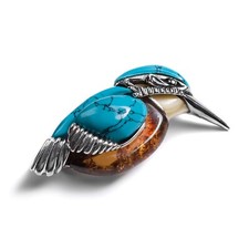 Kingfisher Bird Brooch Pin Silver Baltic Amber Turquoise Womens Jewellery