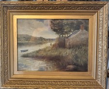 Original Small Oil on Board Riverside Landscape Boat Signed JP 1900 Size 44x36cm