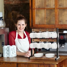 Wooden 16 Cup Mug Tree Stand & Kitchen Towel Double Side Hooks Storage Holders