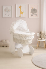 White Wicker Wheels Crib Baby Moses Basket + Bedding Grey Stars Cotton