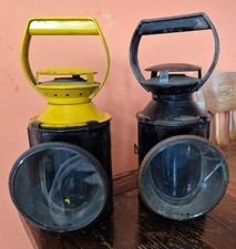 2 x Antique British Railroad  Signal Lanterns + Red Blue White spare Glass