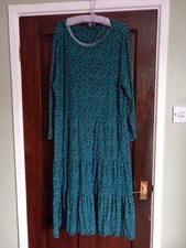 Pomodoro Green/blue Leaf Pattern Jersey Gypsy Tiered 3/4sleeved Dress Size 18