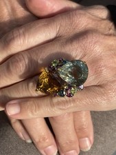 9ct gold on silver green amethyst Citrine blue topaz multi gem Ring 17.8 Grams
