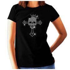 Womens Skull Cross and Crown Rhinestone Crystal T Shirt-Gothic Biker Rock Music