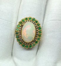 Ethiopian Opal & Emerald Ring Halo Engagement Ring Solid 14k Solid Yellow Gold