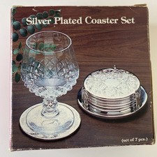Silver Plated Coasters Engraved Pattern with Holder (Set of 6) in box