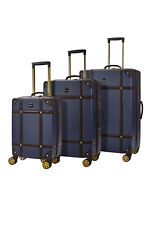 Hard Shell Blue Trunk Luggage Suitcase Set Style Cabin Travel Bag 8 Wheel Retro