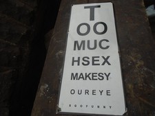 Vintage style novelty eye test chart enamel advertising sign, mancave