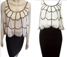 Lipsy Cream Black Sequin Dress 10 Chiffon Party Evening Occasion Wedding Xmas