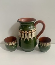 Vtg Bulgarian Troyan Jug & 2 Cups Handmade. Drip/running Design Green