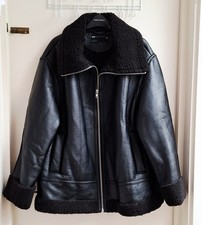 ASOS Design Womens Black Faux Leather Borg Lined Aviator Jacket Size 10