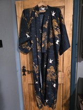 JAPANESE YUKATA Blue Gold Stork Cotton KIMONO Robe Dressing Gown 55" Full Length