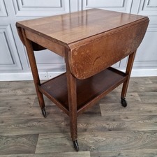 Vintage Oak Drop Leaf Tea Trolley Table On Castors - Wooden Serving Table Drinks