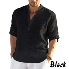 Men Cotton Linen Henley Shirts