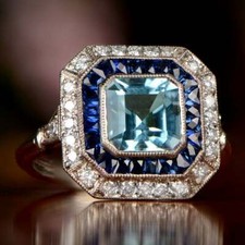 2ct Asscher Cut Blue Aquamarine Art Deco Engagement Ring 14k White Gold Finish