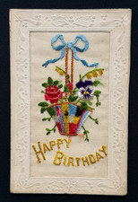 Antique WW1 Silk Embroidered Happy Birthday Floral Card – Fabrication Française