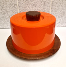 Vintage 1960s Luthje Denmark Small Orange Plastic &Teak Cheese Cloche  board MCM