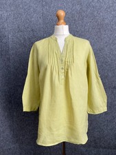 M&S Linen Top Blouse Size UK 12 Lime Green Pintucked Roll Tab Sleeve Summer