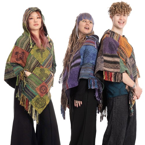 Patchwork hippy poncho hooded - patchwork,