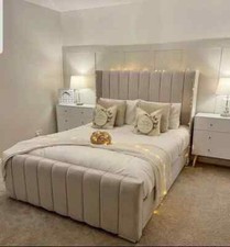 Winged Panel Bed Frame Velvet Upholstered Ottoman Gas Lift Storage Bed All Sizes