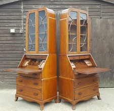 RARE MATCHING PAIR OF ART DECO GOLDEN OAK BUREAU BOOKCASES ESCALATING INTERIOR
