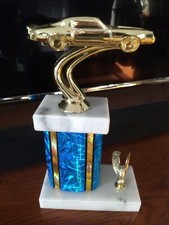 pinewood derby car cub scout trophy blue column marble base. 