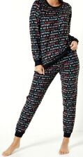 New Womens Merry & Bright Christmas Fleece Twosie Pyjama Set Black Size UK 20/22