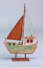 Rustic Wooden Sailing Boat Green Nautical Ornament Sculpture Decor (22cm)