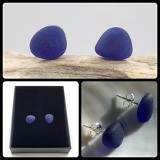 Blue Sea Glass Stud Earrings -