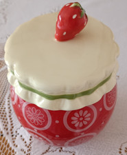 Pretty Strawberry Themed Ceramic Jam Preserve / Marmalade Pot With Lid and Spoon