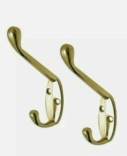 2 X POLISHED BRASS METAL DOUBLE HAT & COAT HOOKS DOOR & WALL CLOTHING HANGERS