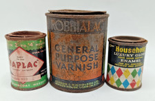 3 VINTAGE SMALL VINTAGE RUSTY PAINT TINS (1 IS FULL/2 EMPTY ) ENAMEL & VARNISH