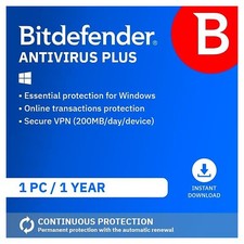 Bitdefender Antivirus Plus 2025 200MB VPN 1 PC Device 1 Year (EMAIL)
