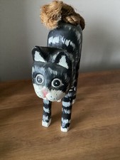 Wooden cat with rope tail really unusual ornament Black & White